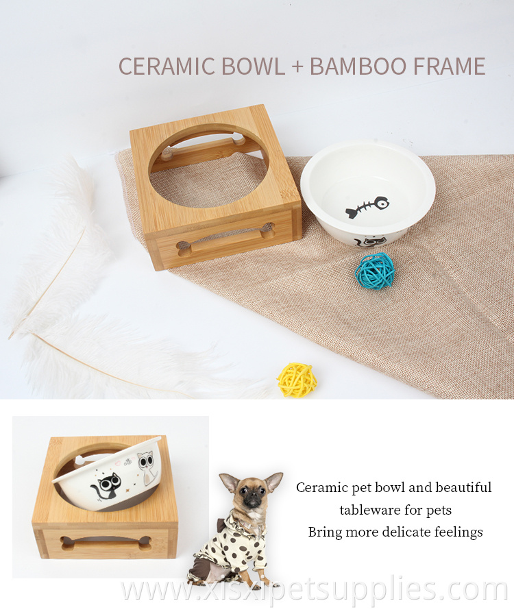 Factory Wholesale Elevated Ceramic Pet Cat Dog Food Bowl With Raised Bamboo Stand